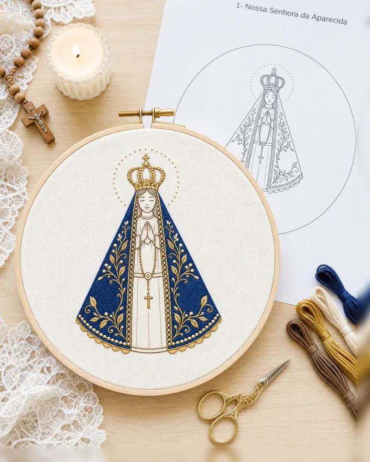 Nossa Senhora Aparecida bordada à mão no bastidor, ao lado da página do risco