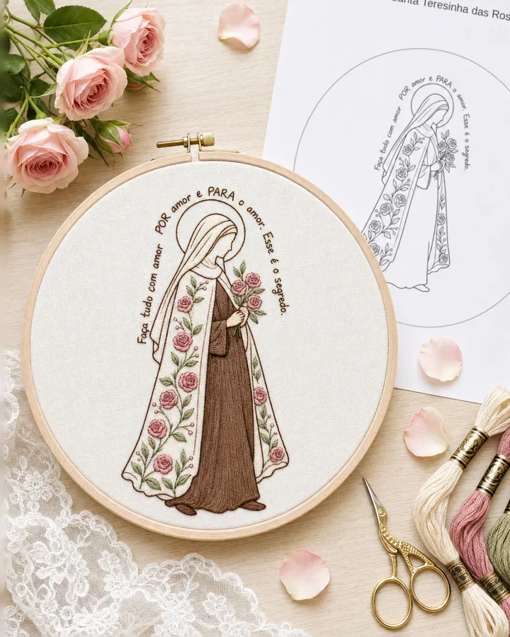 Santa Teresinha das Rosas bordada à mão no bastidor, com frase em arco